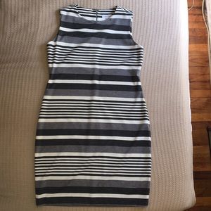 Grey-and-white striped sleeveless sheath dress